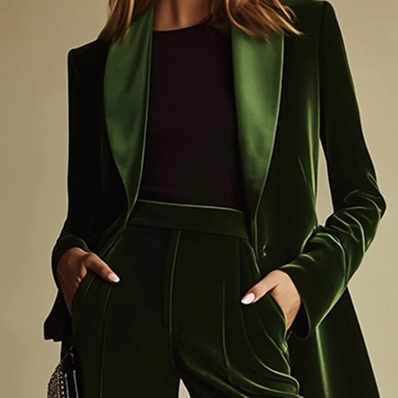 Luxurious Green Velvet Wide Leg Pants - Picture 4 of 16